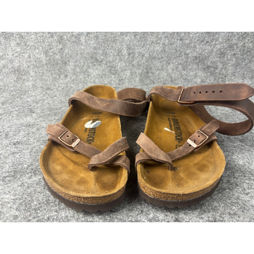 Birkenstock Yara Sandals Womens 38 Brown Oiled Leather Ankle Strap Toe Loop